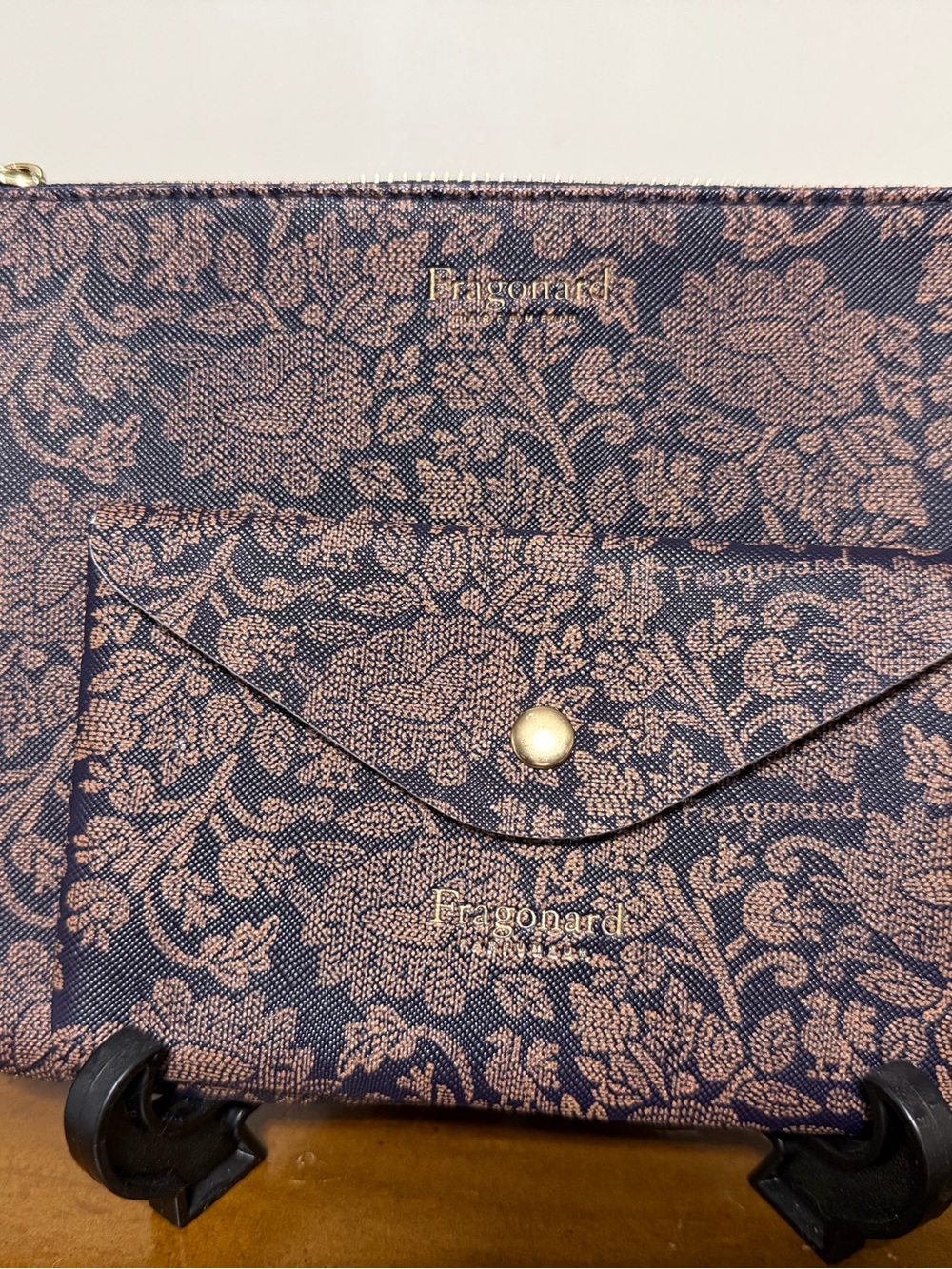 Fragonard Vintage Floral Print Zipper Pouch and Envelope Clutch in Brown/Gold